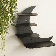 Crescent Moon Wooden Staircase Crystal Candle Holder Wall Decor, Minimalist Home Decor Craft - Black - View 3