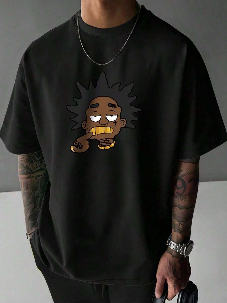 NewSummerCasual Men's Loose Fit Short Sleeve Crew Neck T-Shirt With Gold Tooth Print, Ideal For Summer - Vintage Street Style Unisex Loose Cotton Short Sleeve Crew Neck T-Shirt - 黑色 - 查看 1