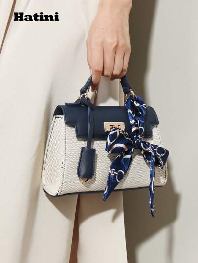  HATINI 小众设计，多功能通勤 DIY 围巾带手提包，别致的梯形迷你方形包，精致的翻盖锁斜挎包，人造皮革拼布单肩包，可拆卸肩带，适合女性办公室、通勤、约会、购物、休闲、度假、海滩、音乐节、派对、婚礼、学校