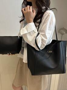 2pcs Women's Solid Color Embroidered Thread Fashion Large Capacity Shoulder Tote Bag With Snap Closure - Black - View 7