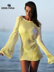 性感露背喇叭袖夏季海边女士纯色针织沙滩迷你裙2025透视短裙泳装罩衫 - 黃色 - 查看 2