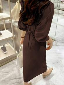 Plus Size Women's Shirt Dress, French Elegant Style With Waist Tie, Loose Top And Slim Fit Bottom, Mid-Length Collared Shirt Dress, Suitable For Daily Outings, Travel, Brunch, Tea Parties, Commute, Airport, Spring/Summer & Spring/Autumn