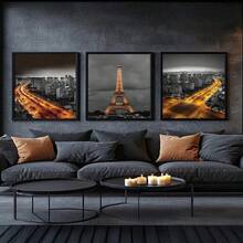 Kit 3 Quadros Cidade Iluminada dourada– Quadro Ideal para Sala de Estar, Escritório, - Branco - Visão 4