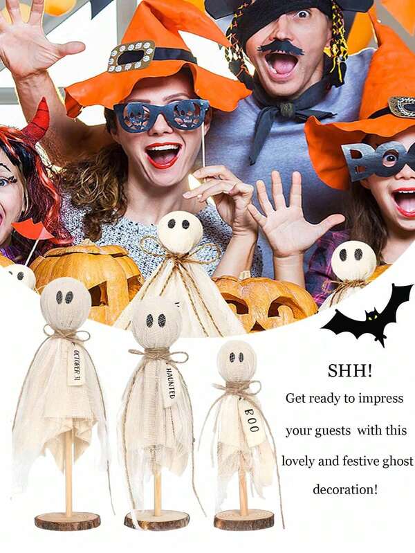 DAZONGE Halloween Upholstery - A Set Of 3 Original Halloween Ghosts On A Wooden Stand For A Centerpiece, Shelf And Mantel - Halloween Decorations