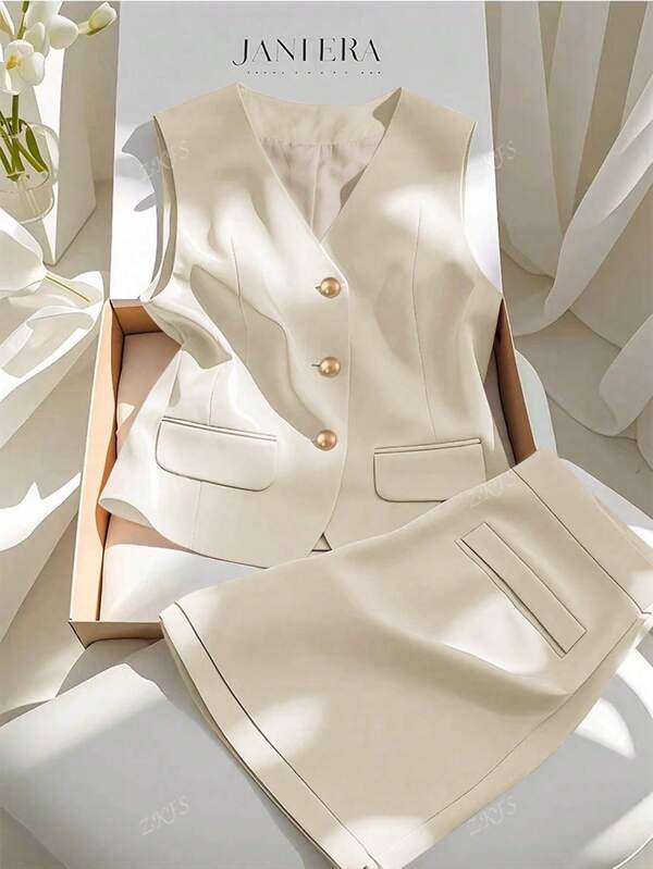2pcs/1set Women's Solid Color Vest & Shorts High-Grade Commuting Age-Defying Premium Professional Suit Set