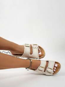 Wide Fit Summer New Comfortable Flat Non-Slip Beach Sandals, Casual Metal Buckle Fashion Versatile Open Toe Thick Sole Slides - Beige - View 2