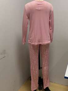 Mirano Slogan Print Short Sleeve Top & Cherry Pattern Long Pants Pajama Set - Hot Pink - View 4