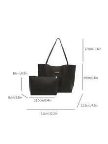 2pcs Women's Solid Color Embroidered Thread Fashion Large Capacity Shoulder Tote Bag With Snap Closure - Black - View 3