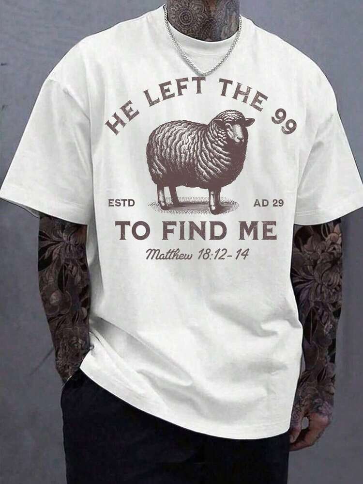 Vector Apparel Men's Vintage Christian Faith T-Shirt, Sheep Graphic "He Left The 99" Matthew 18:12-14 Print Casual Short Sleeve Streetwear Top T-Shirts Jesus Left, The Lord Is My Shepherd T-Shirt, Christian T-Shirt, He Left 99 To Save Me T-Shirt, Men T-Shirt Unisex Casual Graphic Tee - trắng - Xem 6