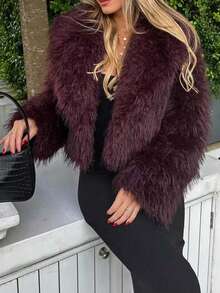 Seelio Women's Autumn/Winter Faux Fur Short Jacket, Warm, , Oversized, Fashionable, Viral New Arrival Thick Winter Coat - Burgundy - View 3