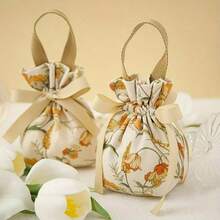 5pcs Floral Canvas Drawstring Bags, Cotton Jewelry Storage Boxes, Suitable For Beads, DIY Crafts, Earrings, Rings, Necklaces, Bracelets, Small Items Storage, Gift Packaging Bags, Party Favors, Wedding Souvenirs - Multicolor - View 10