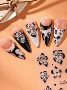 2 件渐变棕色仙女兰花法式指甲贴纸浮雕黑色豹纹雕刻花卉指甲贴花冬季指甲艺术装饰 DIY 美甲用品 - 彩色 - 查看 4