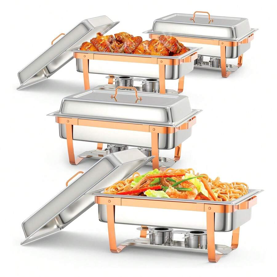 4pcs/6pcs Chafing Dish Buffet Set, Rectangular Chafing Dishes (8 QT) For Buffets With Lid Holder, Stainless Steel Chafing Dishes, Food Warmer For Kitchen, Party, Banquet - Silver - View 1