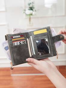 MIYIN Vintage Button Wallet, Business Casual Style, Multi-Card Slots, Coin Pouch, Compact Tri-Fold Design, Short Wallet, Retro Zipper Wallet, Fashion Button Closure, Women's Daily Travel & Shopping Wallet, Women's Wallet, Compact Wallet - Grey - View 9