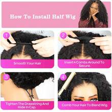 Uveous Kinky Curly Half Wig Human Hair 200% Density Put On And Go Glueless Wigs Human Hair 24 Inch Curly 3 In 1 Half Wigs For Women Drawstring Seamless Flip Headband Wig Beginner Friendly - Natural Black - 查看 7