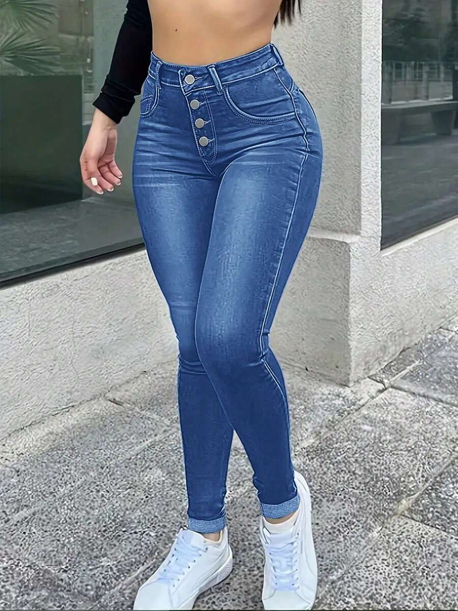Women's Stretch Skinny Jeans Pants With Multi-Breasted Design, Built-In Zipper And Button, Suitable For Casual Sportswear, Sexy And Casual. - 中等水洗藍 - 查看 1