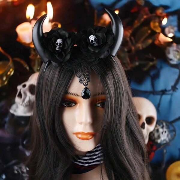 2 piezas Diadema con cuernos de vaca y calavera de Halloween, disfraz de monstruo, decoración de fiesta