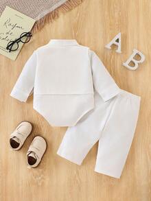 婴儿洗礼套装，男婴绅士套装 - 白色长袖连体衣 + 背心 + 裤子套装 - 白色 - 查看 2