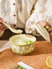1pc Vintage Floral Ceramic Bowl With Lid, Spoon Included, Rustic Lily Of The Valley Green Casserole Dish, Homemade Dessert & Soup Bowl, Creative Dinnerware, Suitable For Daily Use