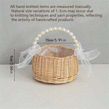 一套柳条花童篮和头饰，手工编织柳条篮，配珍珠手柄和蝴蝶结，仙女花篮，婚礼花童珍珠头饰，适合婴儿派对 - 彩色 - 查看 4