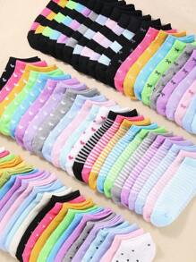 20 双儿童短袜：糖果色、蕾丝蝴蝶结、心形图案、条纹、柔软、舒适、休闲、百搭、学生踝袜 - 适合日常使用，随机混色