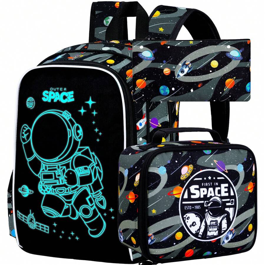 3Pcs Glow In The Dark Space Backpack For Boys, 17 Inches Astronaut School Bookbag Set For Teens, Laptop Backpacks With Lunch Bag(Black) - màu đen - Xem 1