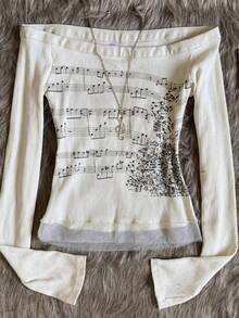 Womens Summer Tops Y2k Crop Tops Fairy Grunge Tops Stylish Note Print Knit Shirts Off-Shoulder Long Sleeve Going Out Tops Ruffle Trim Slim Fit T Shirts Fall Fashionable Casual Tops Daily Clothes Clubwear Streetwear Aesthetic Clothes Gothic Clothes - 白色 - 查看 5