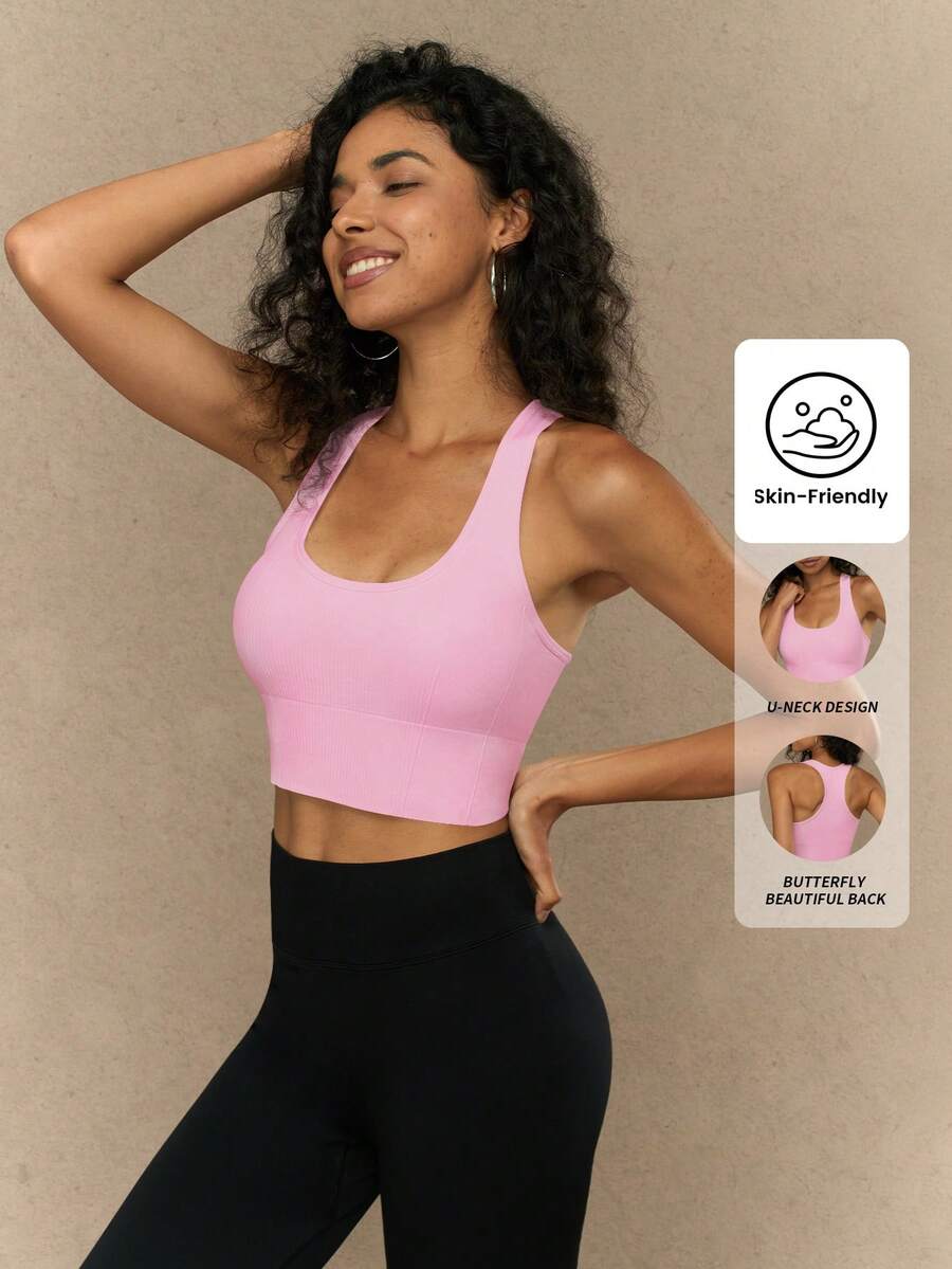 Yefecy Seamless Sports Bra Fitness Top High Impact Underwear Running Training Yoga Bra Shock-Absorbing Ribbed Gym Yoga Cropped Tank Top - Hồng - Xem 1