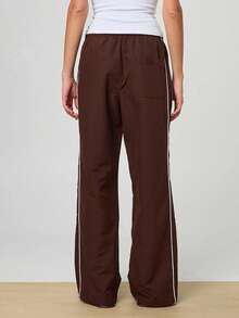 Women Wide Leg Pants Casual Side Stripe Elastic Waist Loose Trousers For Work Office Streetwear - 咖啡棕 - 查看 6