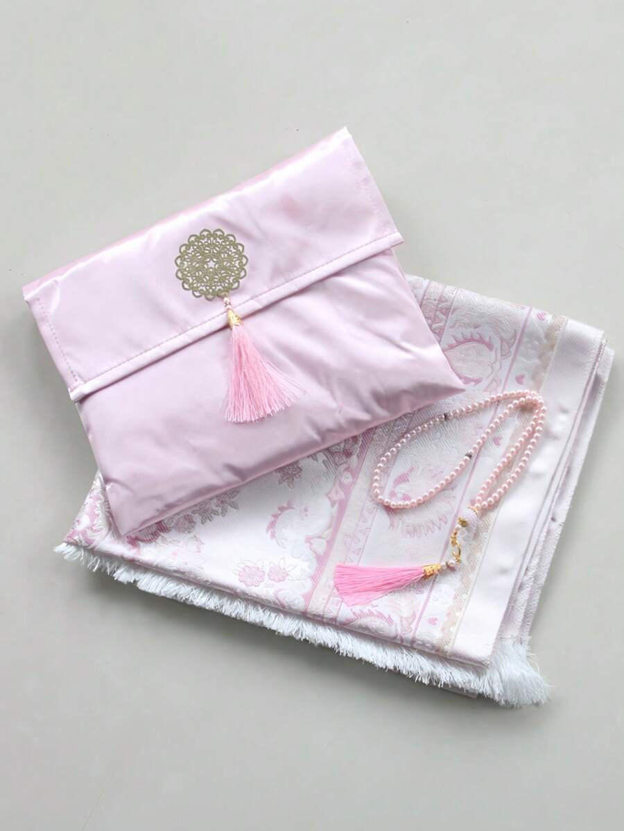 3pcs Middle Eastern Style Floral Blanket Set With Storage Bag, Beaded Tassels, Lightweight, Comfortable, Non-Slip Throw Blanket