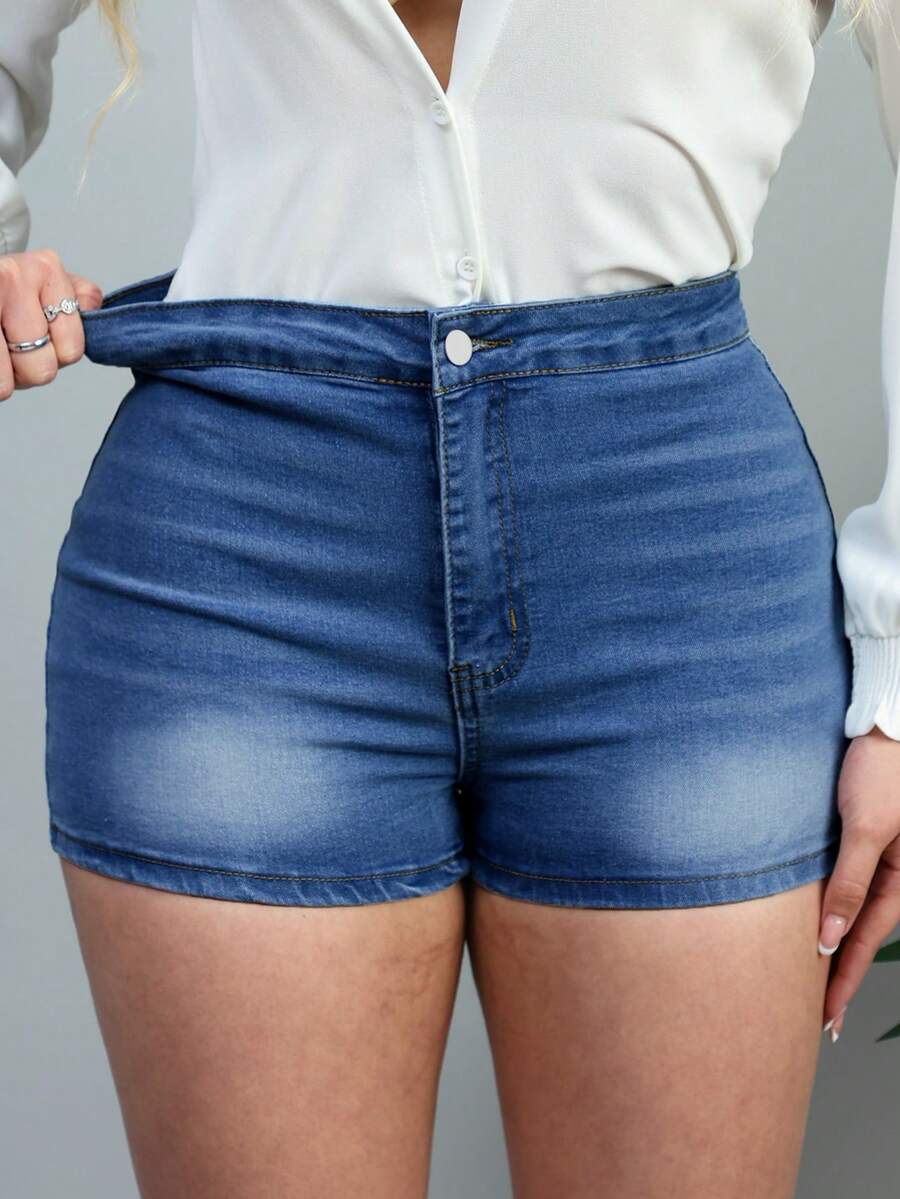 Dark Wash Stretch Denim Shorts With Cuffed Hem For Comfortable Summer Parties And Daily Wear - Biru tua 0002 - View 1
