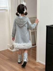 女童连帽卫衣裙，新款秋冬甜美蝴蝶结网眼拼接儿童时尚连衣裙 - 灰色 - 查看 3