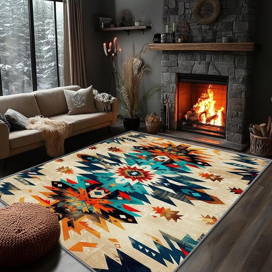 3x5 Rugs, 2x3 Rug, Southwestern Rustic Area Rug, Colorful Geometric Door, Washable & Non - Slip Small Carpet, Home Decor - Orange Teal Beige - View 1