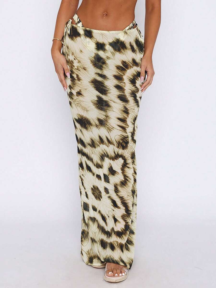 Women's Summer Printed Maxi Skirt With Side Tie Detail Sheer Beach Skirt Fashion Wrap Skirt - màu nâu - Xem 1
