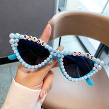 1Pc Women New Full Frame Cat Eye Shaped Fashion Glasses Stylish White Glasses With Faux Pearls Fashion 'Birthday Queen' Letter Frame Multicolor Chic Suitable Birthday Parties And Shows For Summer Beach Vacation,Outdoor,Travel Preppy Style For Back To School