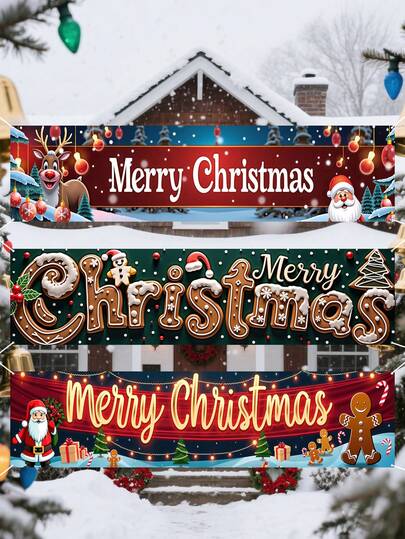 1 件圣诞快乐装饰横幅，98.43 英寸 X 19.69 英寸，耐用涤纶材料，圣诞主题派对装饰，室内、室外、庭院装饰