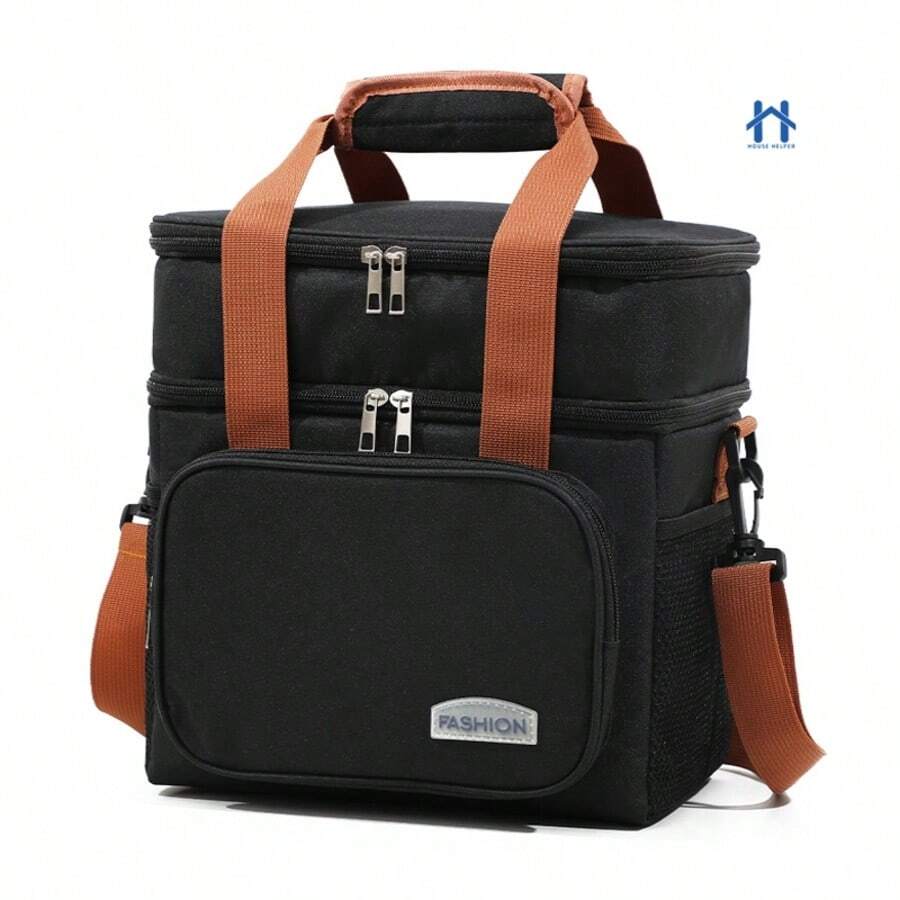 Large Thermal Bag With Side And Front Pockets, Fitness Lunch Box Holder With Hand Strap And Cross-Shoulder Strap - Negro - Ver 1