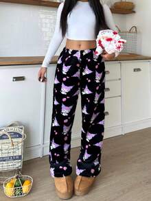 SANRIO Quần pajama vải flannel màu tím, in hình hoạt hình khắp quần, ống rộng, dáng suông, có dây rút, ấm áp, phong cách thường ngày dành cho bé gái, ngọt ngào và cá tính, phù hợp mặc trong nhà và ngoài trời, mùa thu/đông. - màu đen - Xem 2