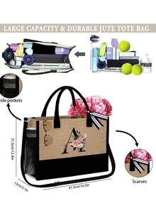 3 件套女士沙滩手提包，带肩带，配有女士沙滩帽和化妆包，字母 A-Z 沙滩配饰包，带侧袋的个性化礼品袋，带围巾的沙滩包，女士卡其色波浪沙滩太阳帽，适合春夏海滩度假和户外婚礼 - 卡其色 - 查看 9