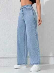 青少年休闲宽松直筒牛仔裤 - 中等水洗藍 - 查看 4