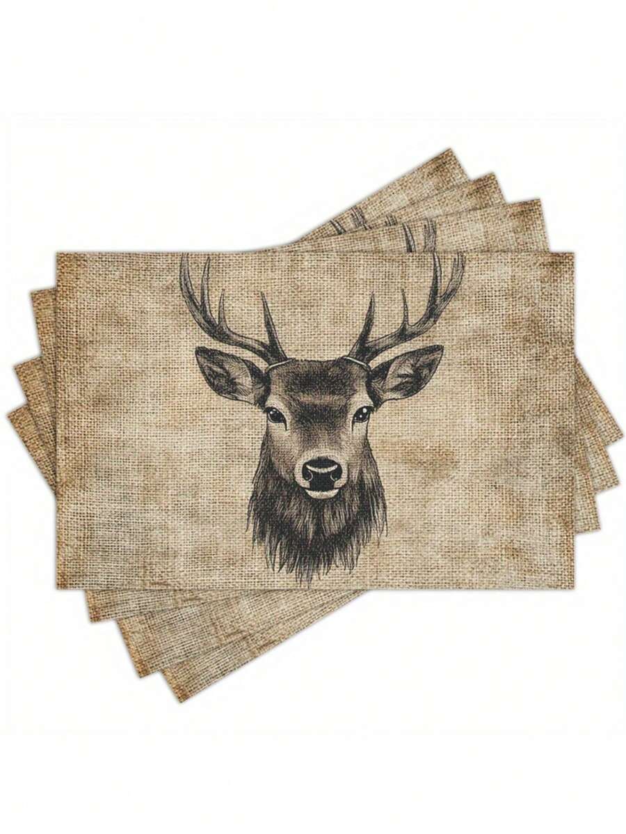 4 Stücke/6 Stücke Weihnachts-Hirsch Porträt-Stickerei-ähnliches Muster Grobe Leinen Tischsets, 30cm x 45cm waschbare Tischsets für Esszimmertisch, Küche, Feiertagsparty, Heimdekoration, ideal für Couchtisch
