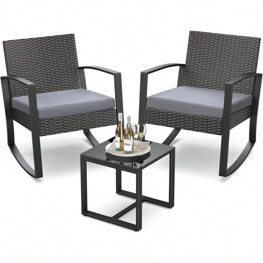 3 Pieces Patio Furniture Set Rocking Bistro Set Outdoor Rattan Conversation With Coffee Table For Garden Balcony Backyard Poolside