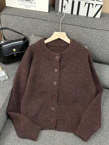 Senya Women's New Autumn/Winter Curry Color Plush Round Neck Front Open Knit Cardigan, Loose Comfortable Warm Sweater Cardigan, Long Sleeve Commuter Top - Coffee Brown - View 8