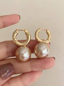 1 Pair Copper Alloy Faux Pearl Fashion Hoop Earrings, Versatile For Commuting & Daily Wear - Coffee Brown - View 4
