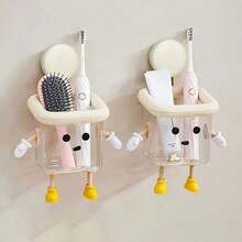 1pc Cartoon Toothbrush Holder, Wall Mounted Toothbrush Stand Without Drilling, Cute Home Decor Plastic Storage Box, Suitable For Sink Accessories, Durable Plastic Material