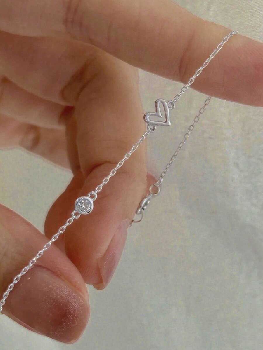 1 件 S925 纯银镀铂金女士手链，优雅简约英式心形胸针精致珠宝，适合日常佩戴 - 銀色 - 查看 1