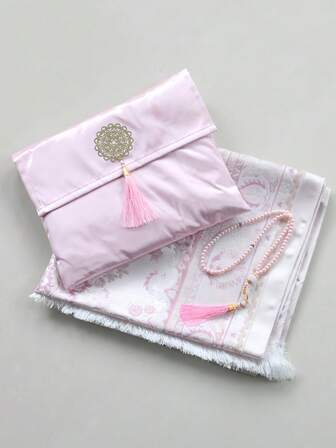 3pcs Middle Eastern Style Floral Blanket Set With Storage Bag, Beaded Tassels, Lightweight, Comfortable, Non-Slip Throw Blanket