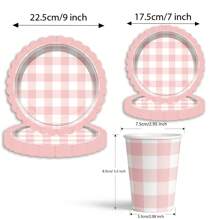 60 件/套粉色格子图案一次性派对餐具套装，包括纸盘、杯子和甜点盘，适用于生日派对、婚礼、家庭聚会、圣诞节、新年和情人节派对促销 - 彩色 - 查看 6