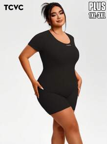 TCVC Plus Size Women's Seamless Fashionable Backless Short Sleeve Jumpsuit, Breathable & Comfortable Sleeveless Halter Neck Bodysuit, High Stretch Tight Tummy Control Slimming Fit, Knit Fabric Skin-Friendly Moisture-Wicking, European & American Street Style, Suitable For Outdoor Walking, Shopping, Travel, Work