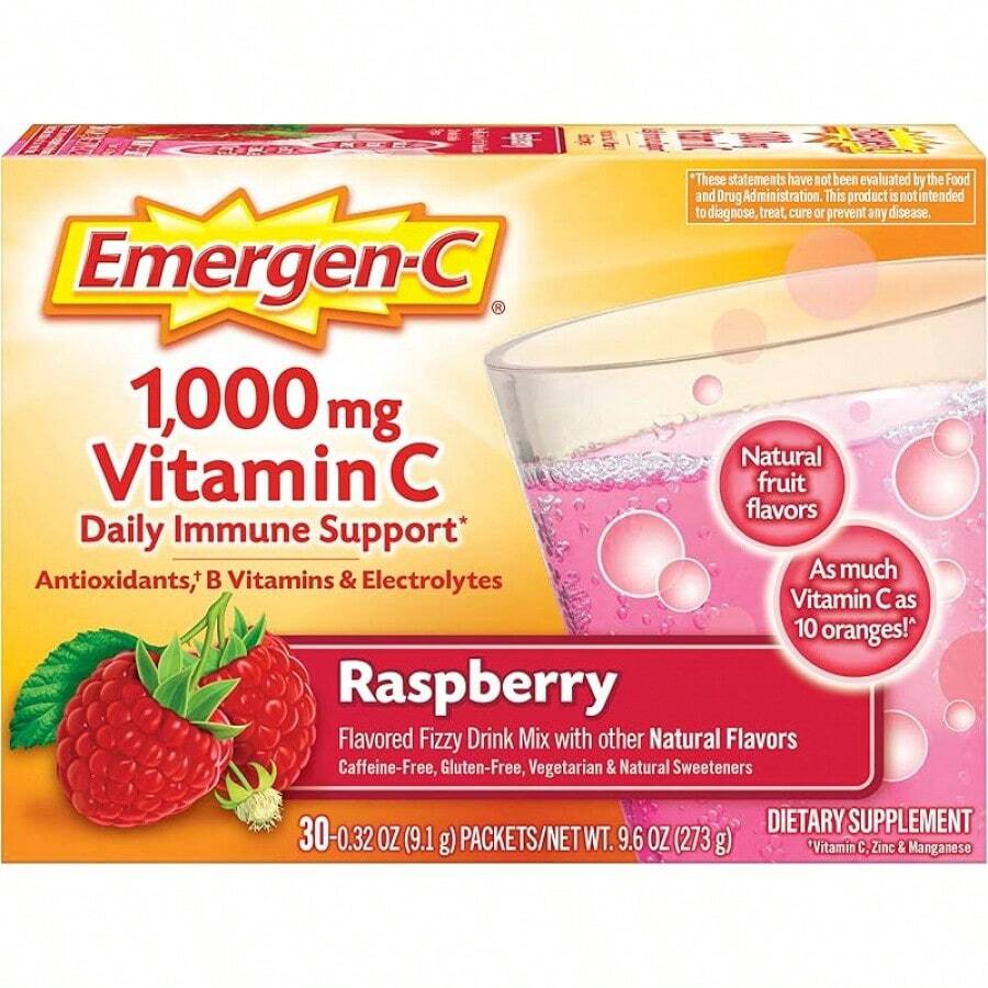 Emergen-C 1000mg Vitamina C en polvo para apoyo inmunológico diario, sin cafeína, suplementos de vitamina C con zinc y manganeso, vitaminas B y electrolitos, sabor naranja intenso - 2 unidades